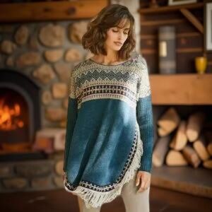 Peruvian Connection Alpaca Wool fringed tunic Sweater,beautiful rich blue in EUC